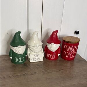 Rae Dunn Holiday Gnome and Snack Jar Set - Red, Green, White 4Pc Set
